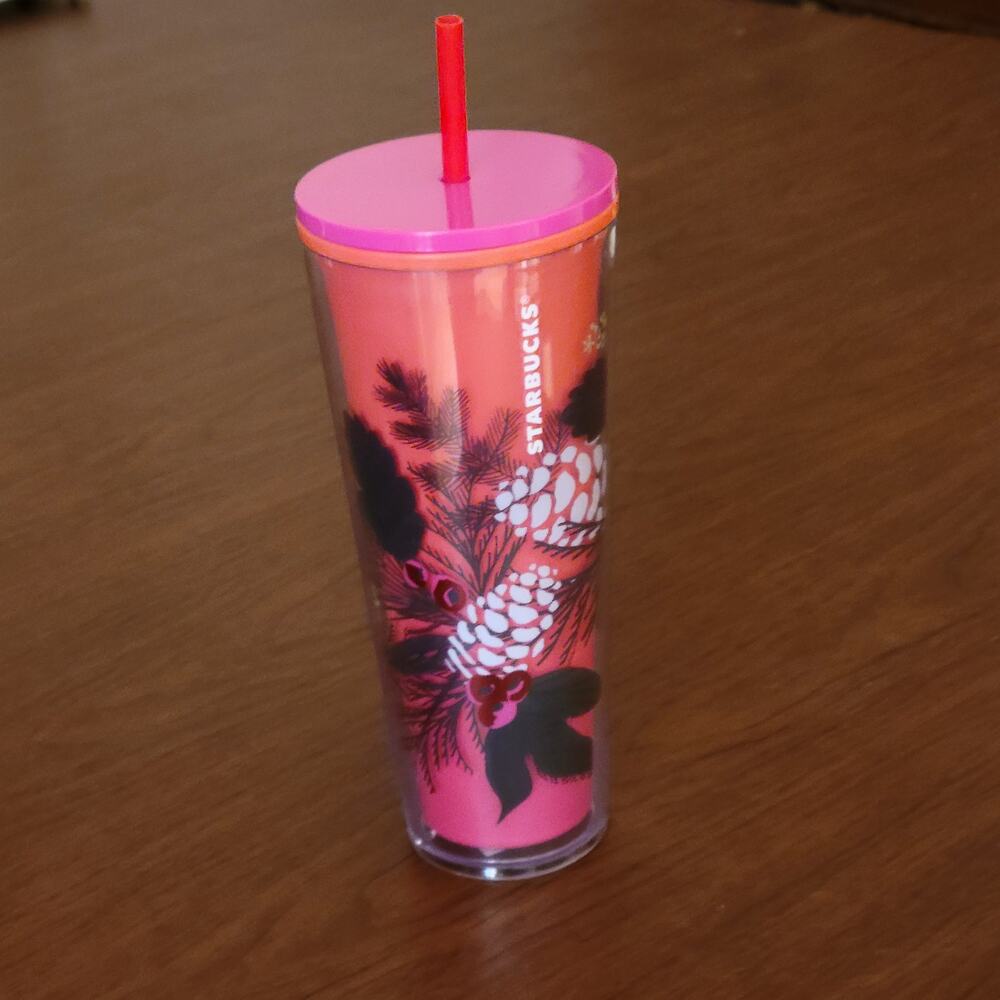 Starbucks 2021 Holiday Pine 24oz Tumbler Cold Pink Cup Red Straw